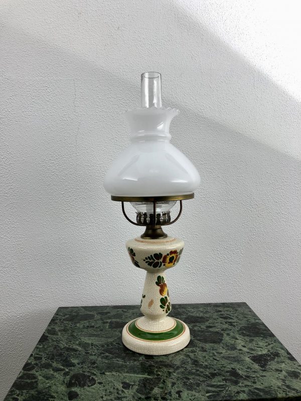 Porcelain Crackle Table Lamp - 70's Dutch Brass Glass Light
