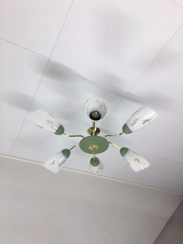 60's Brass Glass 6 Light Chandelier - Image 2