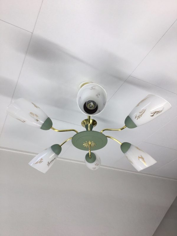 60's Brass Glass 6 Light Chandelier - Image 3