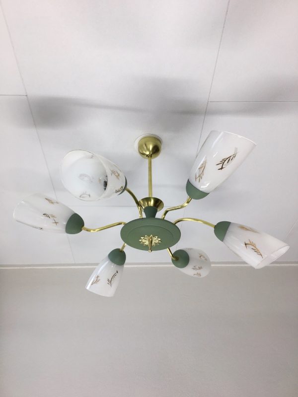 60's Brass Glass 6 Light Chandelier