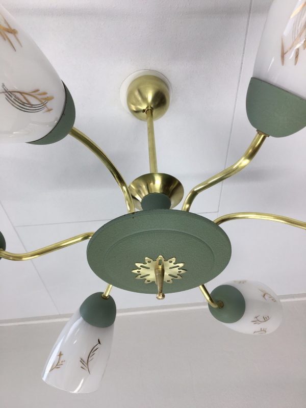 60's Brass Glass 6 Light Chandelier - Image 5