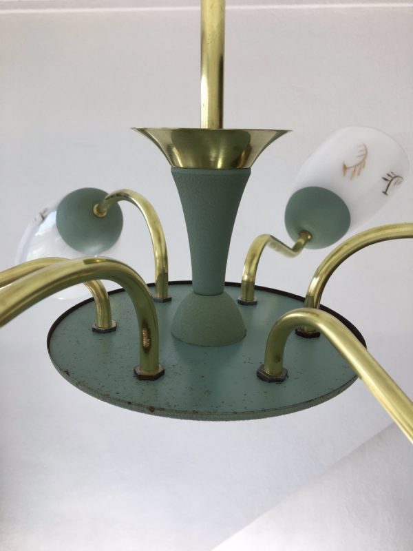 60's Brass Glass 6 Light Chandelier - Image 6