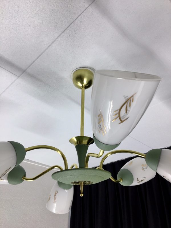 60's Brass Glass 6 Light Chandelier - Image 8