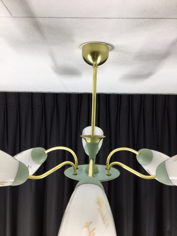 60's Brass Glass 6 Light Chandelier - Image 10