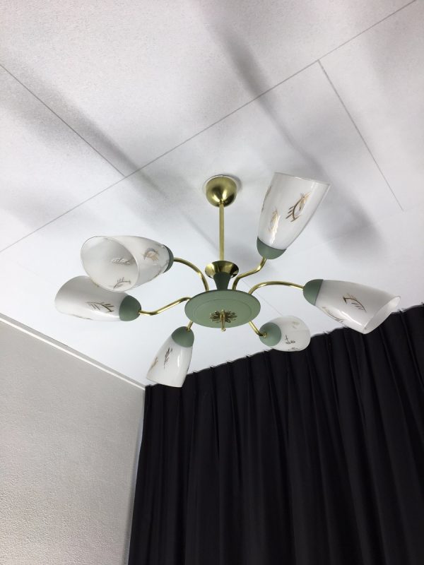 60's Brass Glass 6 Light Chandelier - Image 9