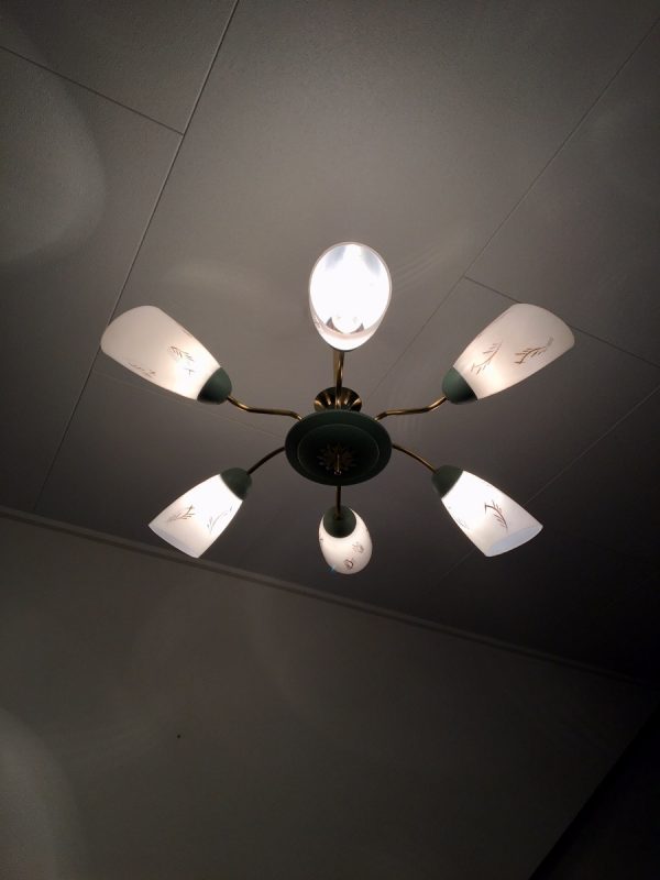 60's Brass Glass 6 Light Chandelier - Image 11