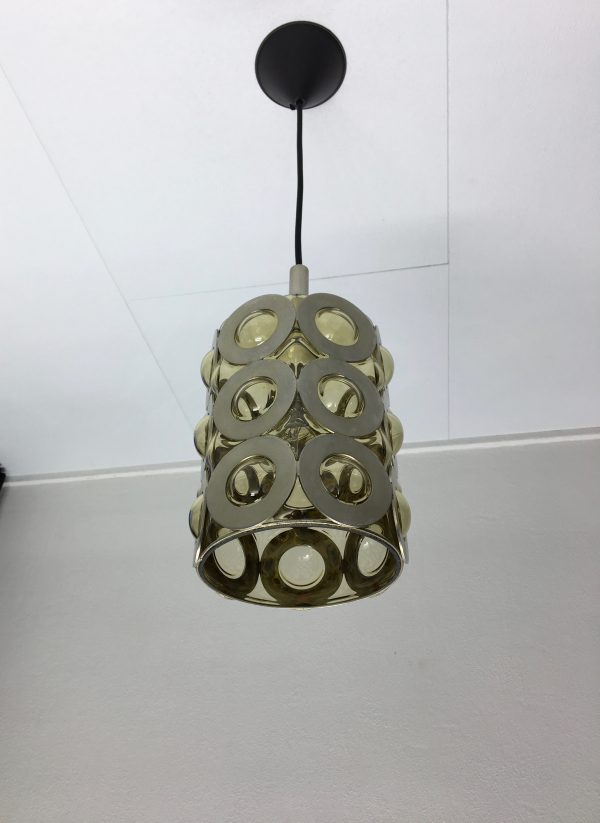 Modern 60's glass metal pendent light - rare vintage lamp - mouth-blown handmade
