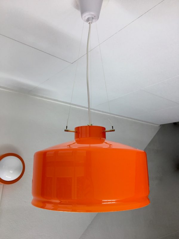 Aneta Växjö Sweden pendent light - vintage orange glass brass 70s lamp