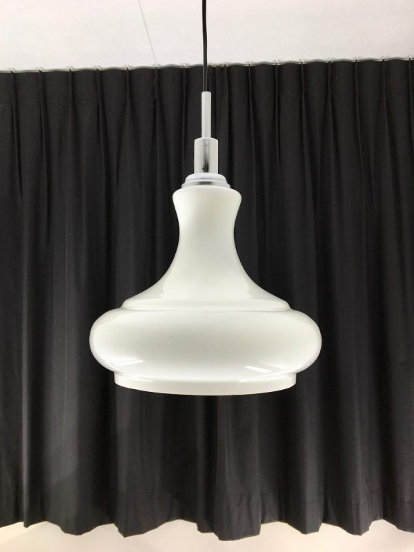 White Opaline glass chrome pendent light - vintage 70s lamp