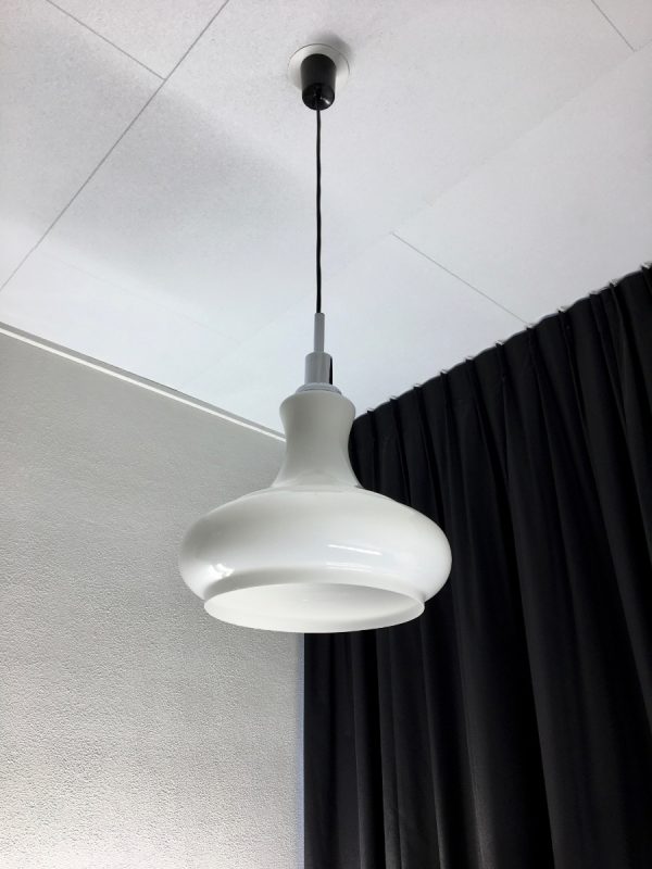 White Opaline glass chrome pendent light - vintage 70s lamp