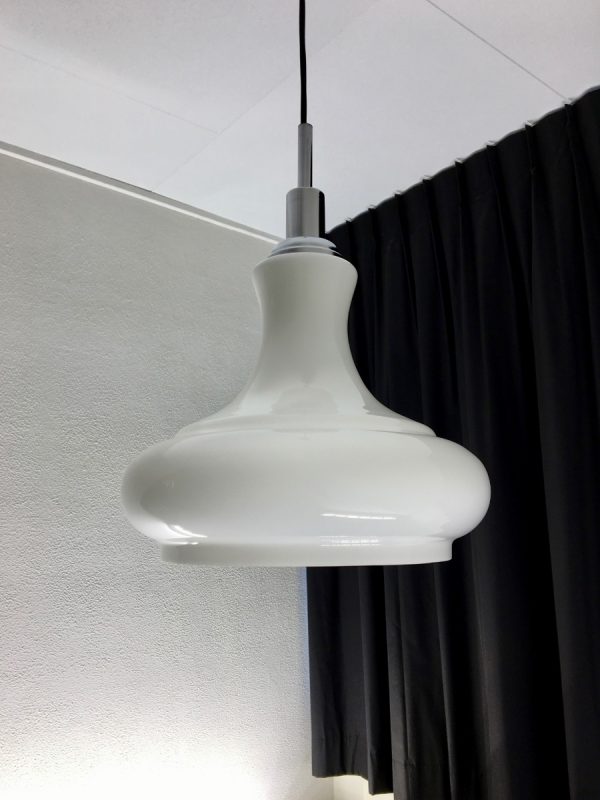 White Opaline glass chrome pendent light - vintage 70s lamp