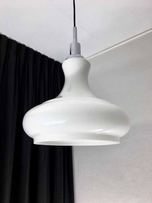 White Opaline glass chrome pendent light - vintage 70s lamp