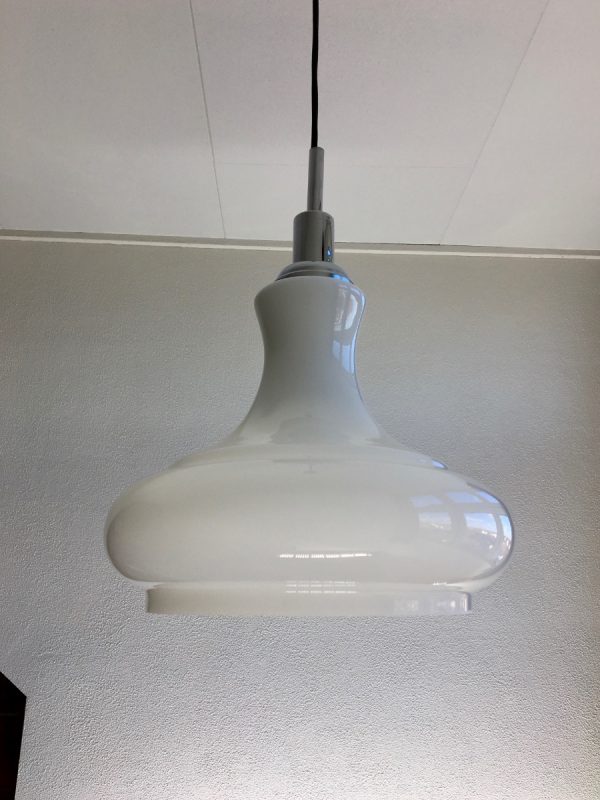 White Opaline glass chrome pendent light - vintage 70s lamp