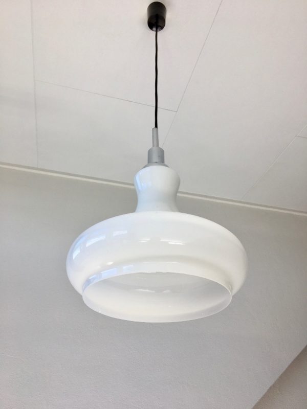 White Opaline glass chrome pendent light - vintage 70s lamp