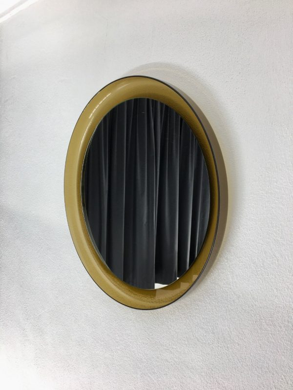 Guzzini Vintage Plexiglass Round Mirror - Space Age Brown 70's Retro Mirror - Made in Italy