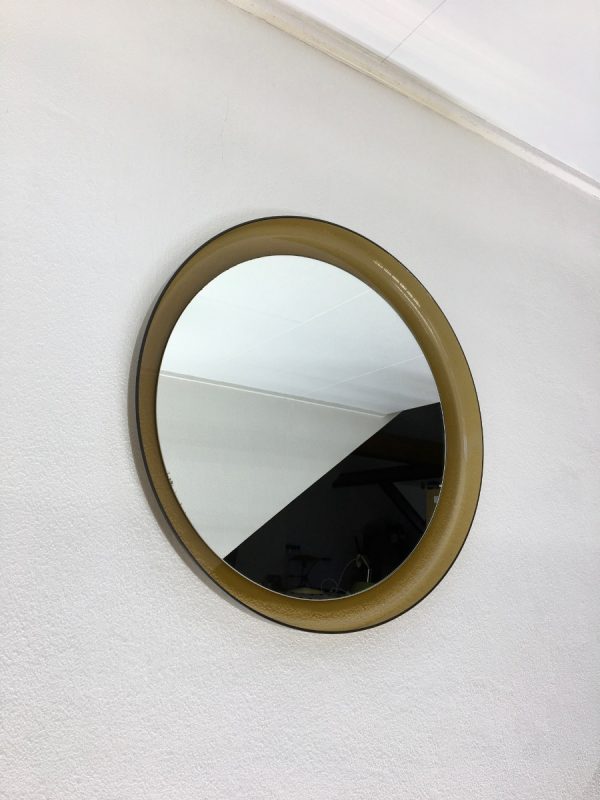 Guzzini Vintage Plexiglass Round Mirror - Space Age Brown 70's Retro Mirror - Made in Italy