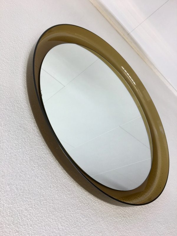 Guzzini Vintage Plexiglass Round Mirror - Space Age Brown 70's Retro Mirror - Made in Italy
