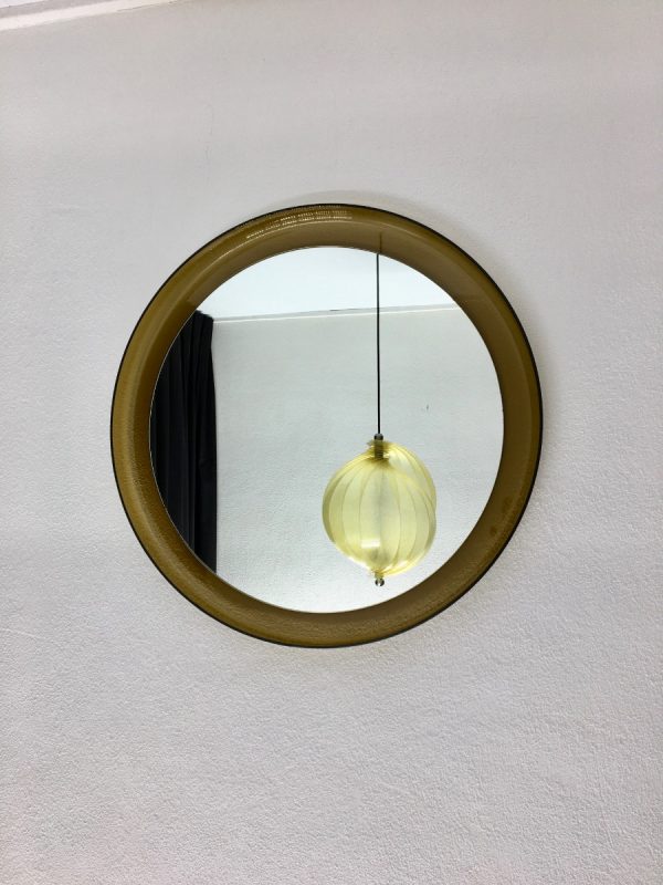 Guzzini Vintage Plexiglass Round Mirror - Space Age Brown 70's Retro Mirror - Made in Italy