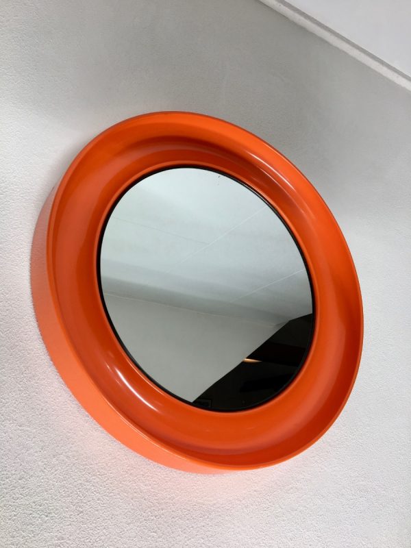 Orange 21 inch space age mirror Termotex - vintage 70's made in Denmark - pop art