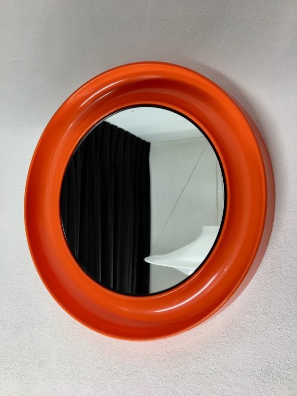 Orange 21 inch space age mirror Termotex - vintage 70's made in Denmark - pop art