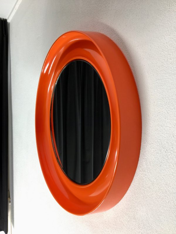 Orange 21 inch space age mirror Termotex - vintage 70's made in Denmark - pop art