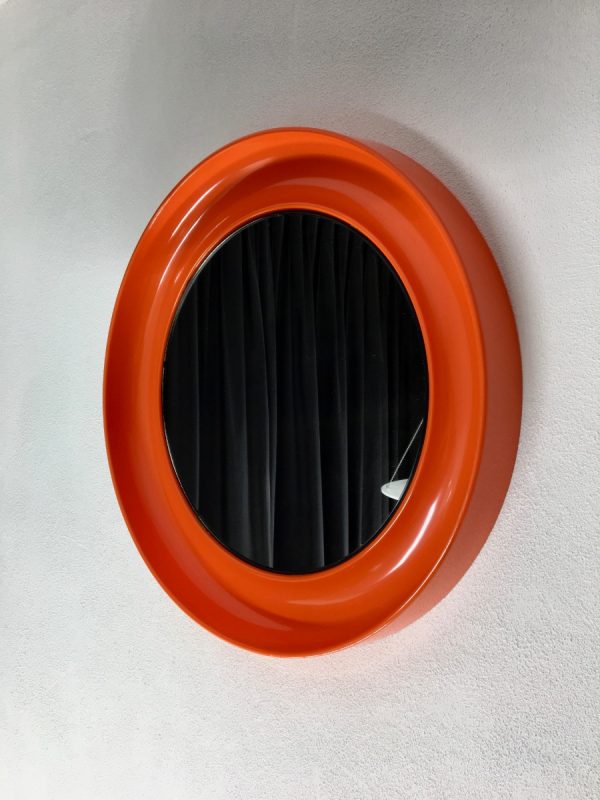 Orange 21 inch space age mirror Termotex - vintage 70's made in Denmark - pop art