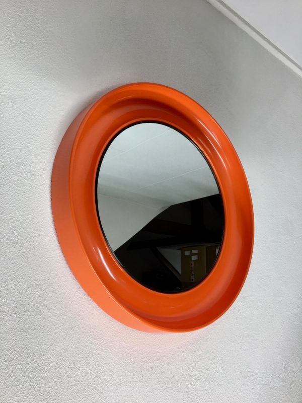 Orange 21 inch space age mirror Termotex - vintage 70's made in Denmark - pop art