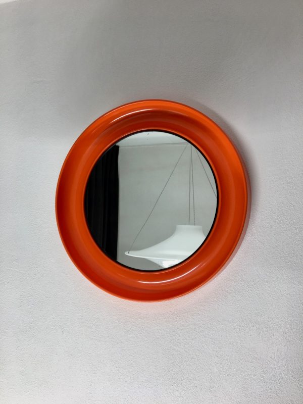 Orange 21 inch space age mirror Termotex - vintage 70's made in Denmark - pop art