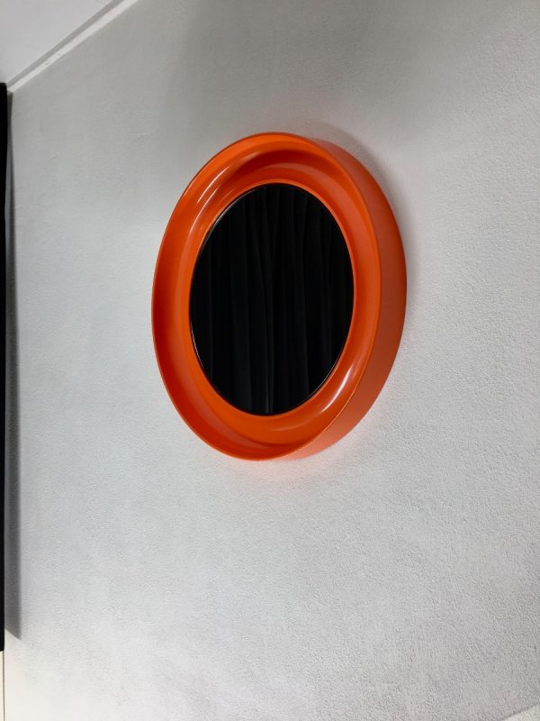 Orange 21 inch space age mirror Termotex - vintage 70's made in Denmark - pop art