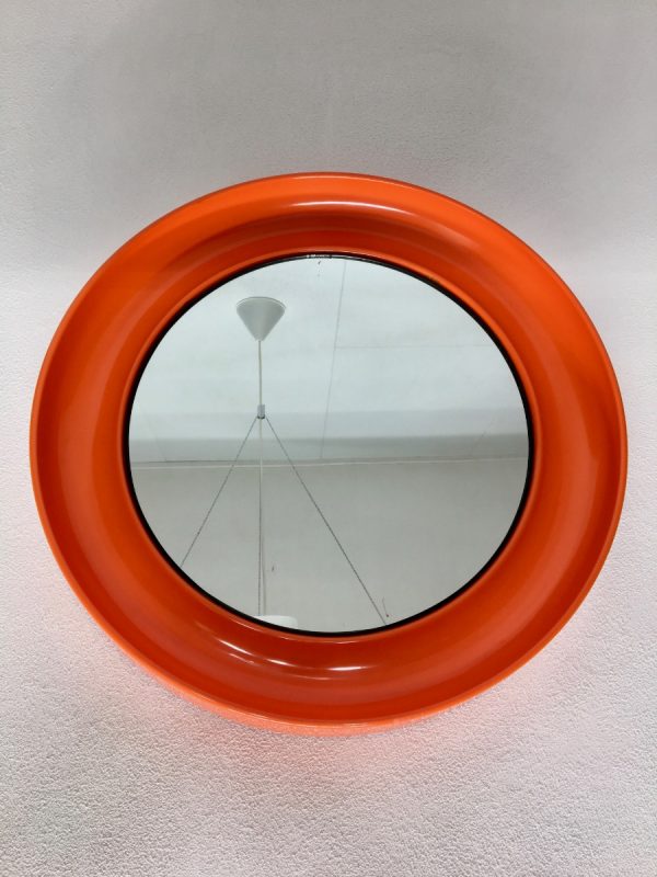 Orange 21 inch space age mirror Termotex - vintage 70's made in Denmark - pop art