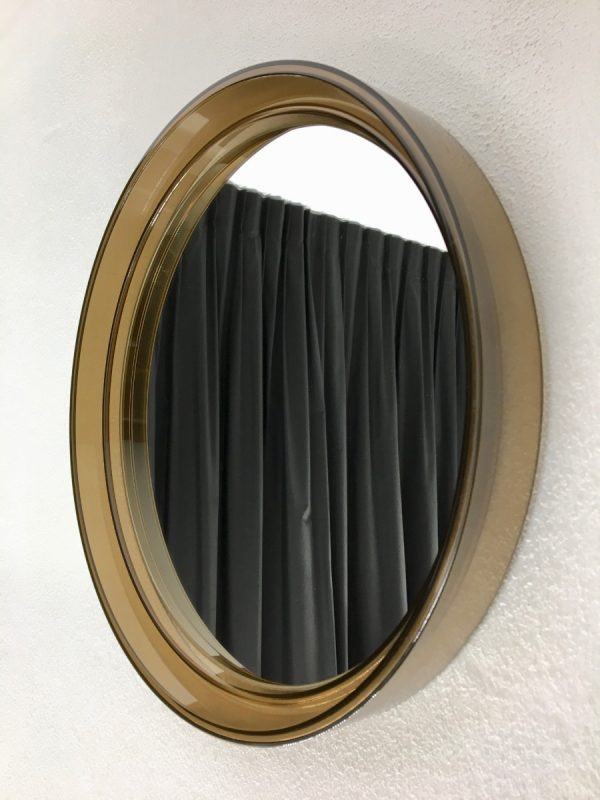 Vintage Plexiglass Round Mirror - Space Age Brown 70's Retro Mirror - Made in France