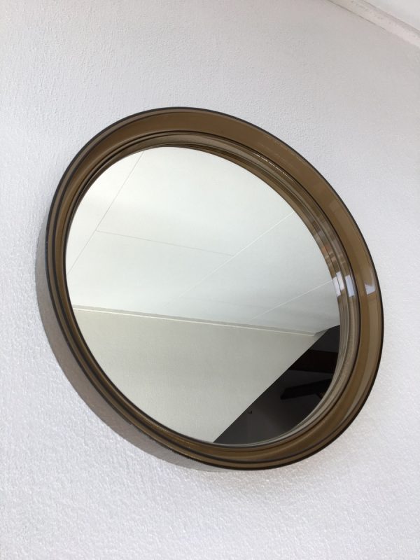 Vintage Plexiglass Round Mirror - Space Age Brown 70's Retro Mirror - Made in France