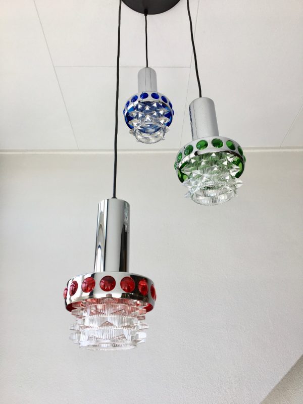 Massive Belgium 70's glass 3-light - Space Age chrome cascade pendant lamp