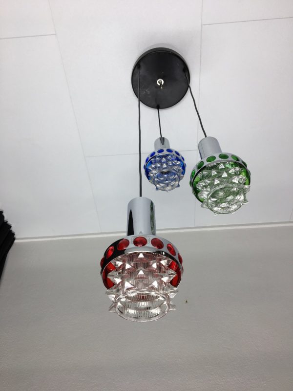 Massive Belgium 70's glass 3-light - Space Age chrome cascade pendant lamp