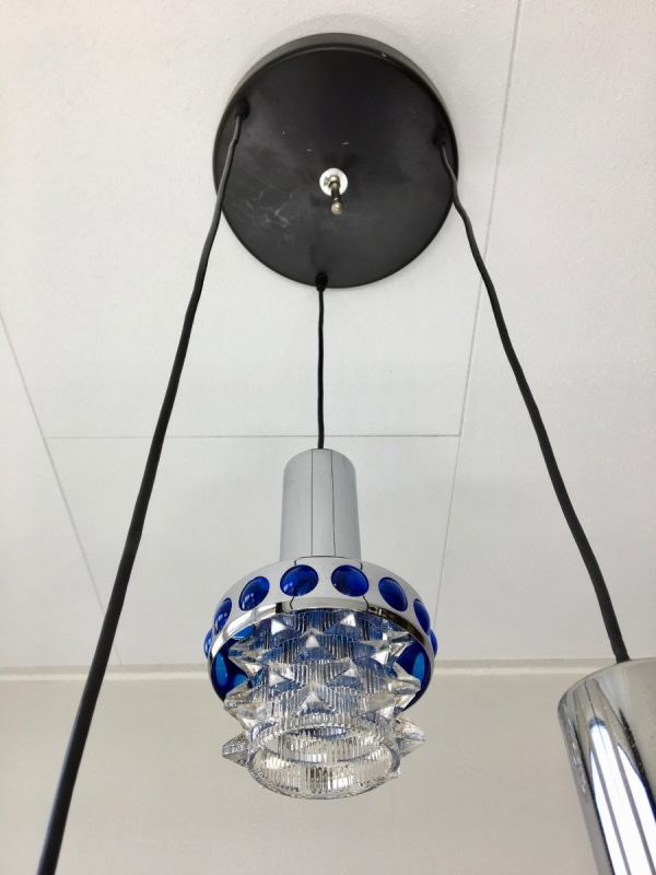 Massive Belgium 70's glass 3-light - Space Age chrome cascade pendant lamp