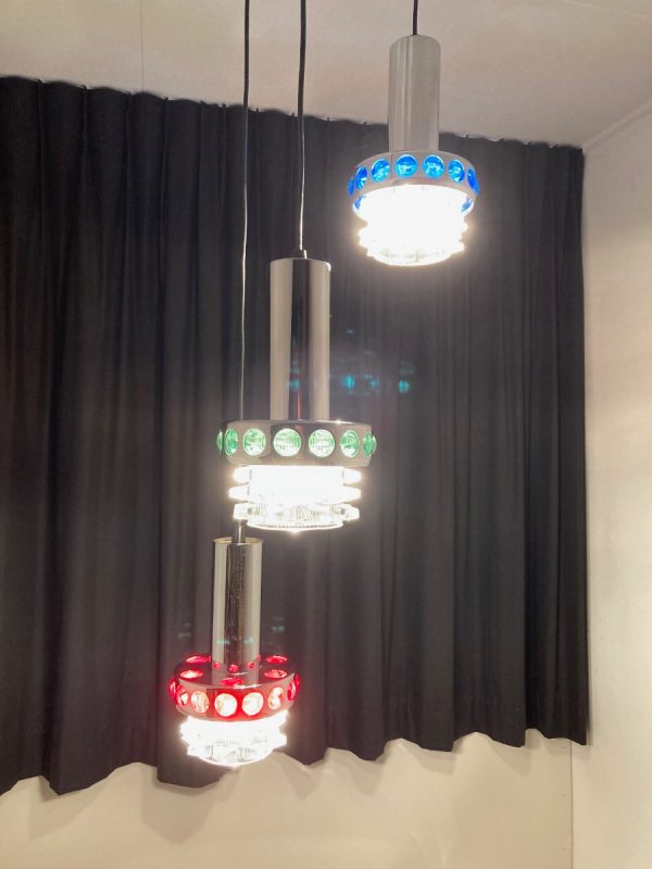 Massive Belgium 70's glass 3-light - Space Age chrome cascade pendant lamp