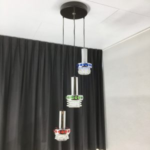 Massive Belgium 70's glass 3-light - Space Age chrome cascade pendant lamp