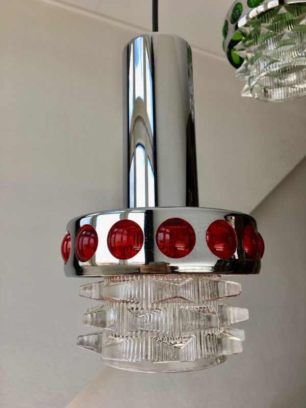 Massive Belgium 70's glass 3-light - Space Age chrome cascade pendant lamp