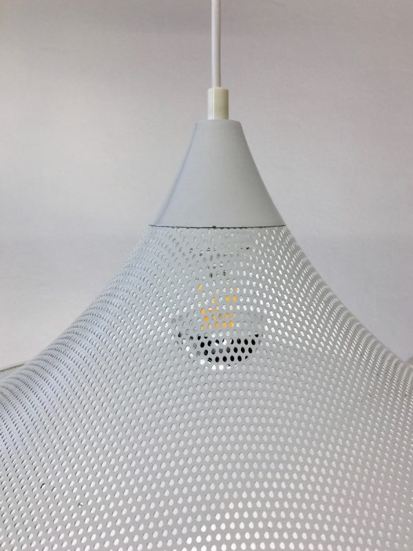 Modern witch hat pendent light - 70's white perforated metal lamp - Pilastro style