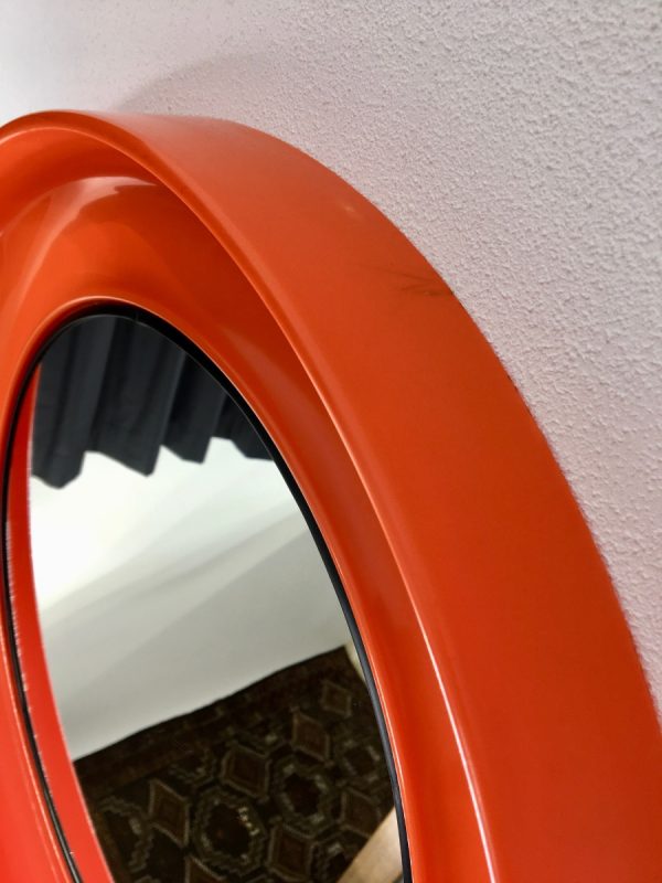 Orange 21 inch space age mirror Termotex - vintage 70's made in Denmark - pop art