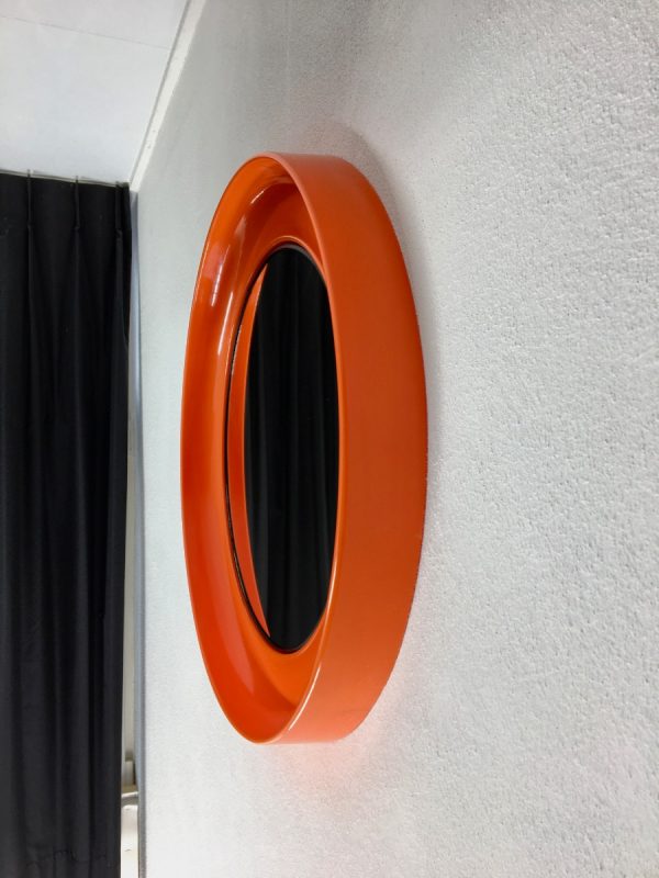 Orange 21 inch space age mirror Termotex - vintage 70's made in Denmark - pop art