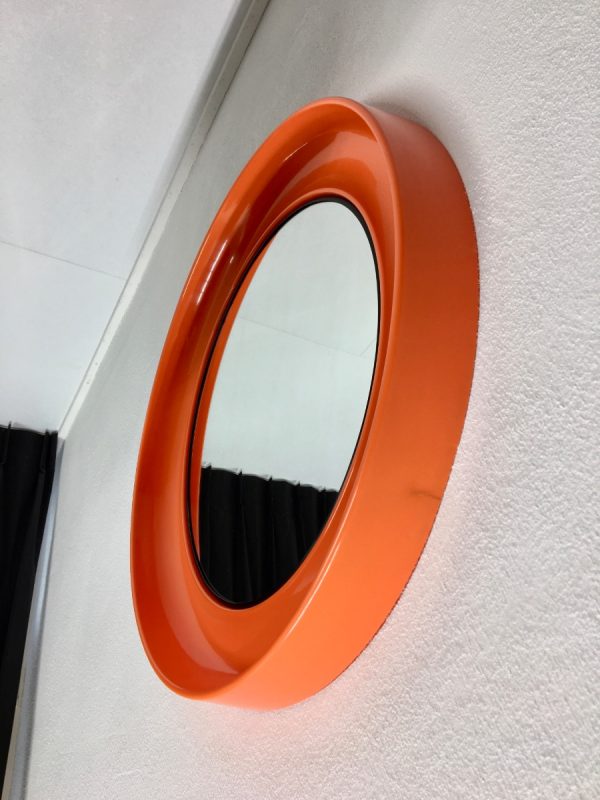 Orange 21 inch space age mirror Termotex - vintage 70's made in Denmark - pop art