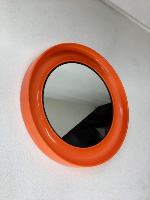 Orange 21 inch space age mirror Termotex - vintage 70's made in Denmark - pop art