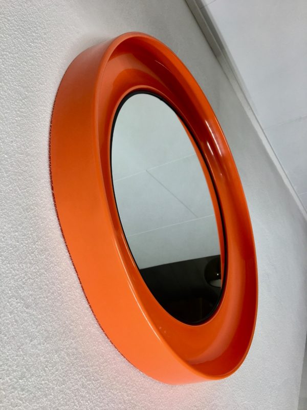 Orange 21 inch space age mirror Termotex - vintage 70's made in Denmark - pop art