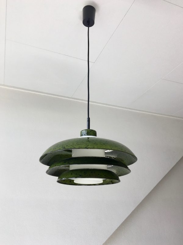 Rare 60's enameled metal glass pendent light - Hustadt Leuchten - Mid Century space age lamp