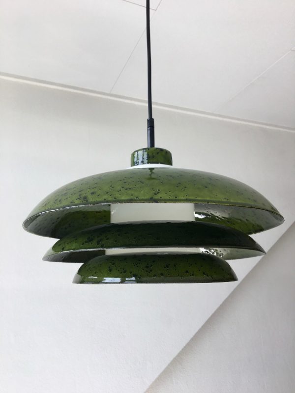 Rare 60's enameled metal glass pendent light - Hustadt Leuchten - Mid Century space age lamp