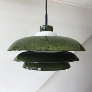 Rare 60's enameled metal glass pendent light - Hustadt Leuchten - Mid Century space age lamp