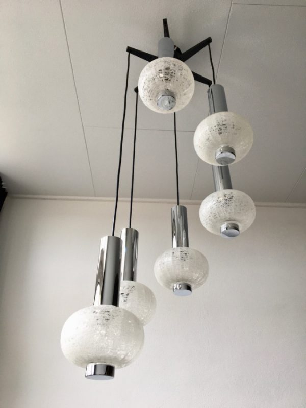 Vintage Solken-Leuchten 6 light - 70's Space age glass chrome cascade pendant lamp