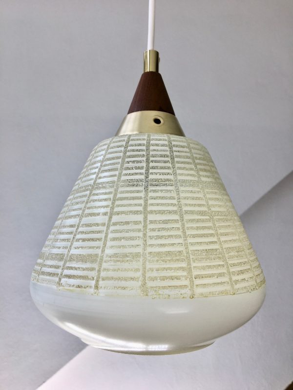 50's classic pendent 3 light - wood brass glass - Dutch Mid Century stairwell lamp