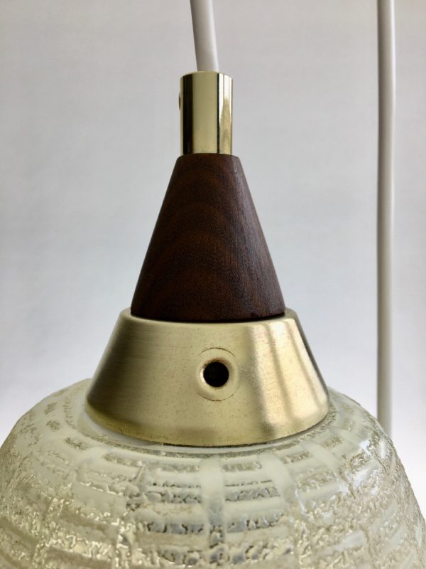 50's classic pendent 3 light - wood brass glass - Dutch Mid Century stairwell lamp